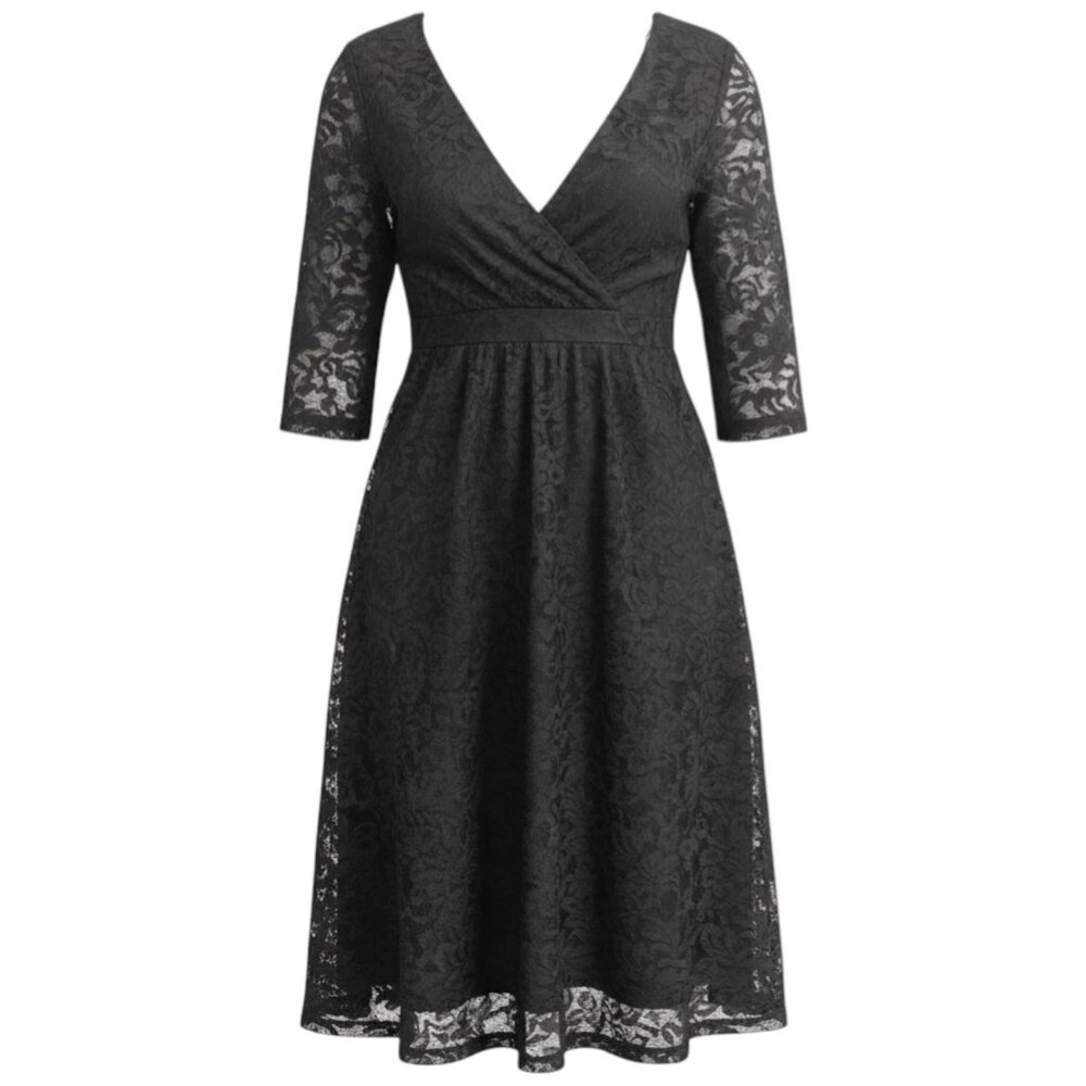 Women's Flattering Plus Size 4XL Black Lace Midi Dress 3/4 Sleeve - Picture 7 of 8